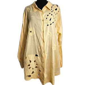 Vintage Florissant Medium Yellow Lace Embellished Button Up Cotton Top